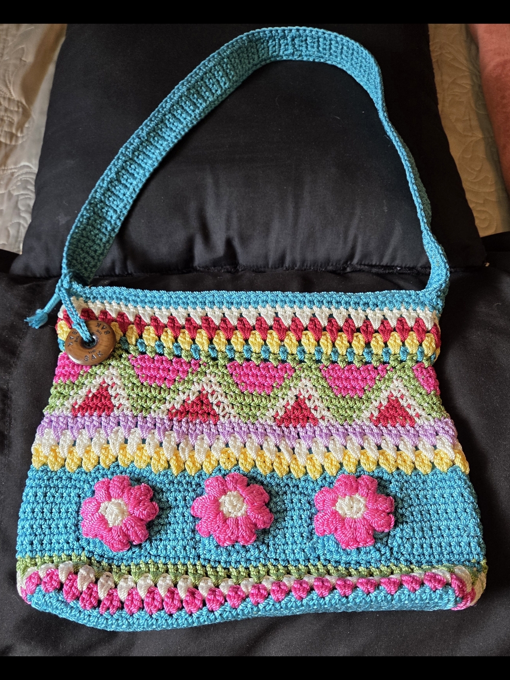 The Sak Turquoise Multicolor Crochet Floral Shoulder Bag